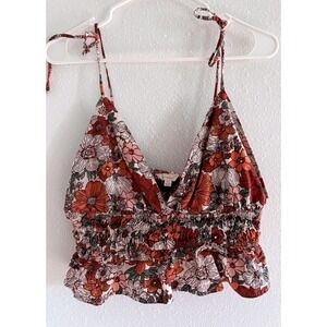 Sim & Sam‎ Top Womens XL Pink Cropped Tie Festival Floral Boho Beachy Tropical